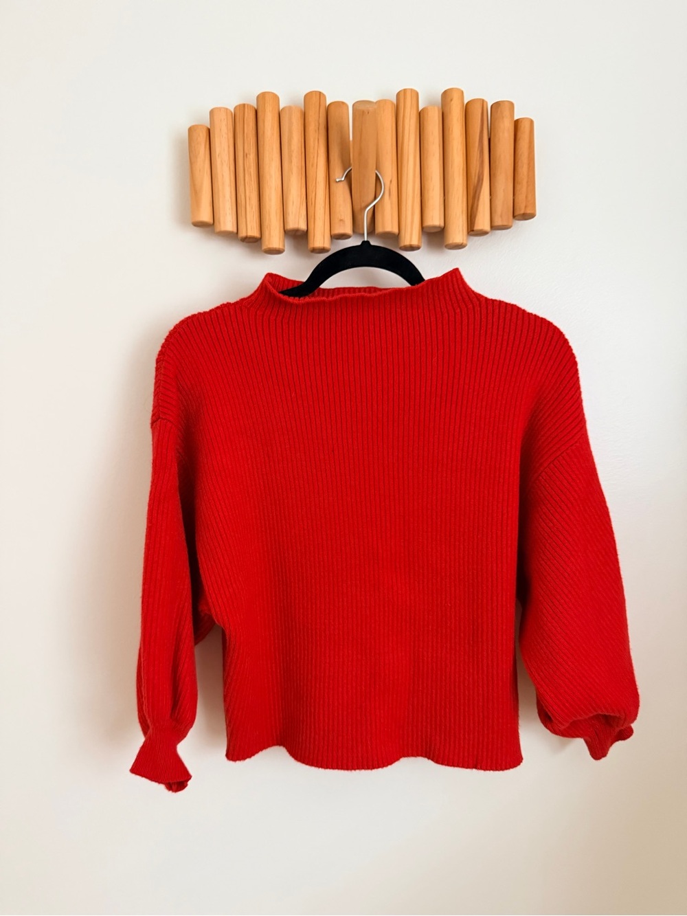Line and Dot Red Ribbed Mock Neck Women's Sweater